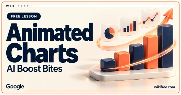 WikiFree Animated Charts lesson cover with decorative bar, pie and line chart illustrations and a coral motion ribbon.
