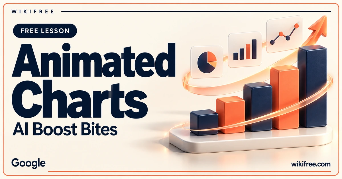 WikiFree Animated Charts lesson cover with decorative bar, pie and line chart illustrations and a coral motion ribbon.