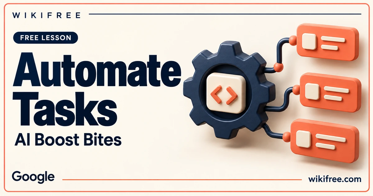 WikiFree Automate Tasks lesson cover with a navy gear, cream code-symbol tile and connected coral task cards.