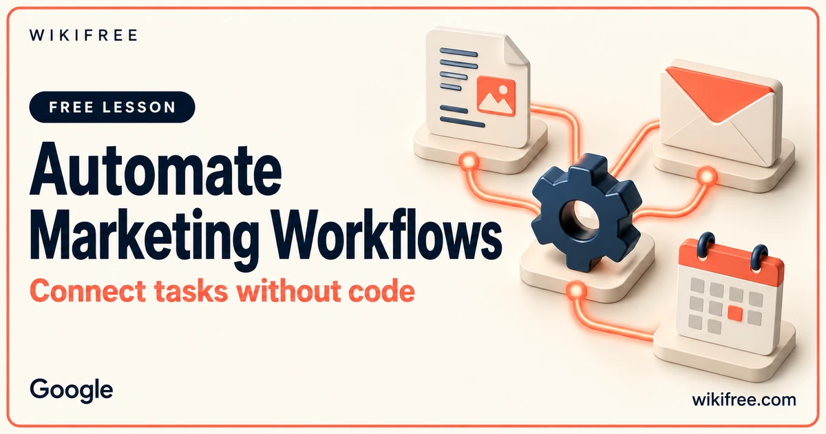 Automate Marketing Workflows lesson cover with illustrative campaign, email and calendar objects.