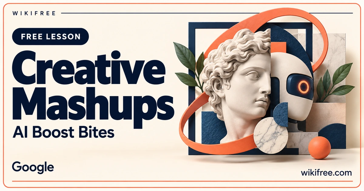 WikiFree Creative Mashups lesson cover with a classical-style sculptural bust, geometric tiles and a coral loop.