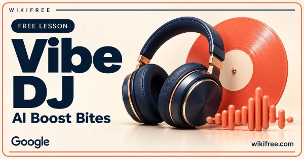 WikiFree Vibe DJ lesson cover with navy headphones, a coral vinyl record and stylized sound bars.