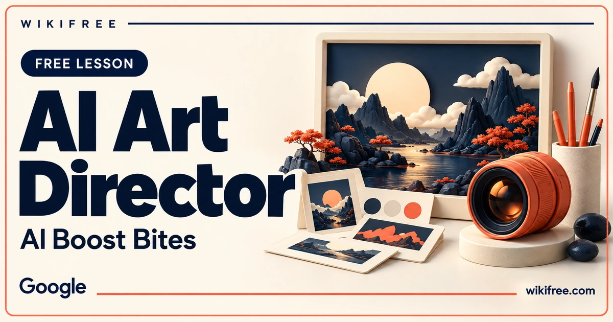 WikiFree AI Art Director lesson cover with a framed miniature landscape, reference cards, pencils and a camera-lens sculpture.