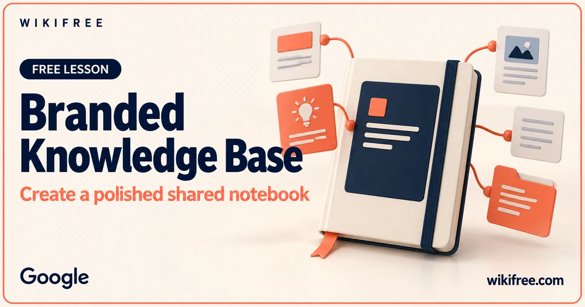 Branded Knowledge Base lesson cover with an illustrative shared notebook, welcome card and source documents.