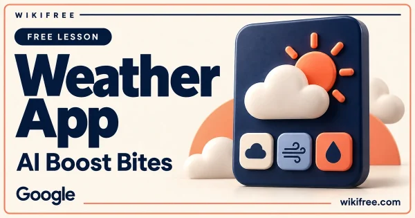 WikiFree Weather App lesson cover with a miniature weather-app card, sculptural sun and cloud, and weather-icon buttons.