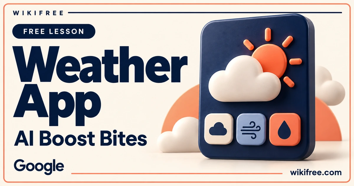 WikiFree Weather App lesson cover with a miniature weather-app card, sculptural sun and cloud, and weather-icon buttons.