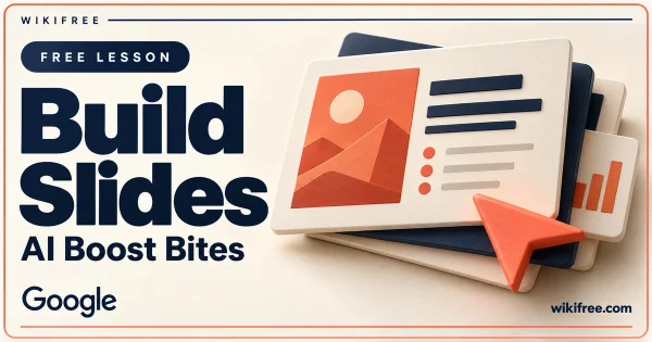 WikiFree Build Slides lesson cover with stacked presentation cards and a coral pointer.