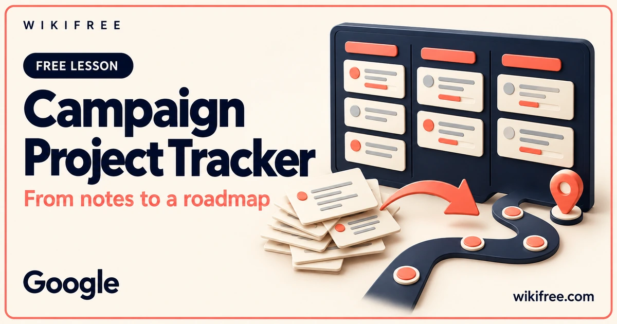 Campaign Project Tracker lesson cover with an illustrative task board, meeting notes and roadmap.