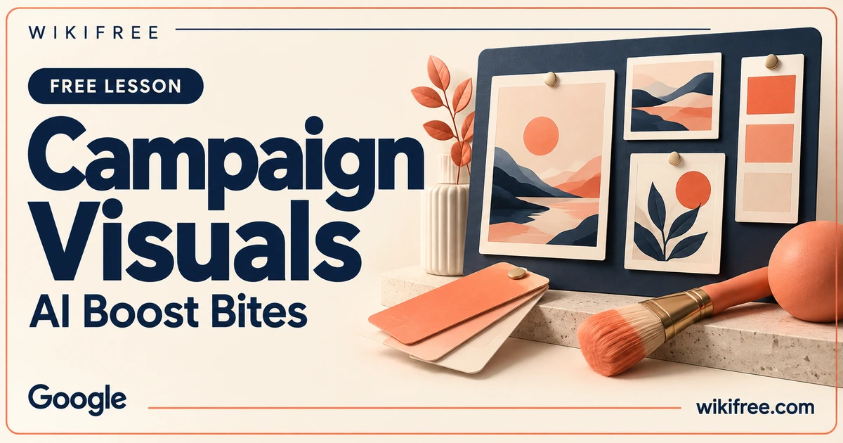 WikiFree Campaign Visuals lesson cover with a navy mood board, original abstract landscape pictures, color swatches and coral brush.