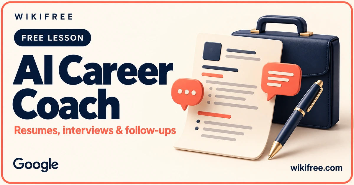 AI Career Coach lesson cover with an illustrative resume, briefcase and interview conversation bubbles.