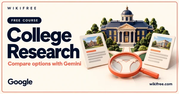 College Research with Gemini course cover with an illustrative campus, comparison cards and magnifying glass.