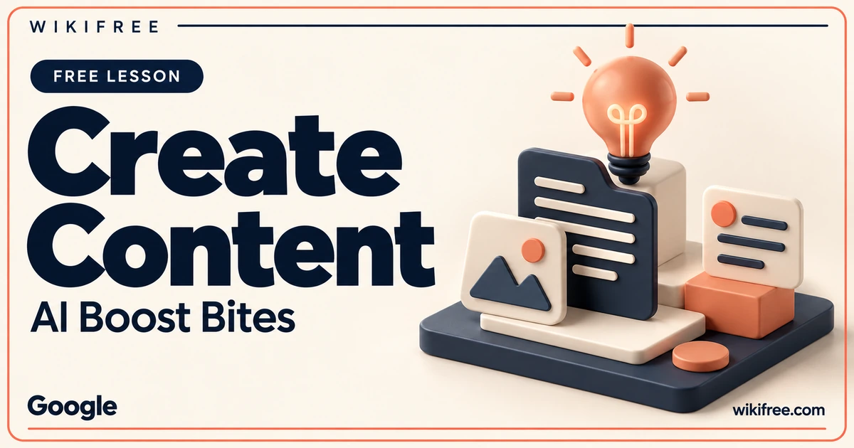 WikiFree Create Content lesson cover with a coral lightbulb over abstract document, image and note tiles.