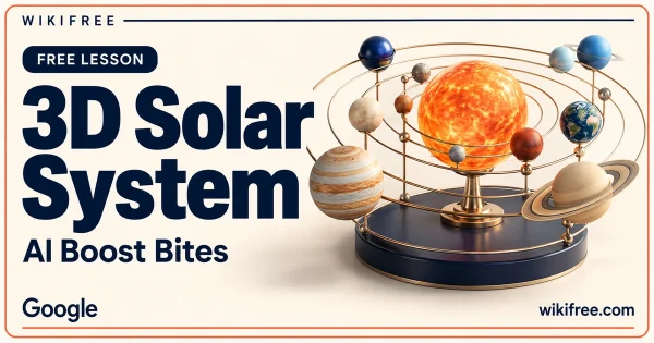 WikiFree 3D Solar System lesson cover with a decorative miniature sun, planets and orbital rings.