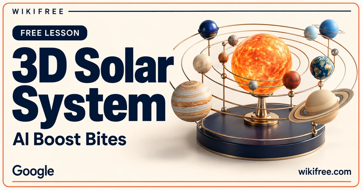 WikiFree 3D Solar System lesson cover with a decorative miniature sun, planets and orbital rings.
