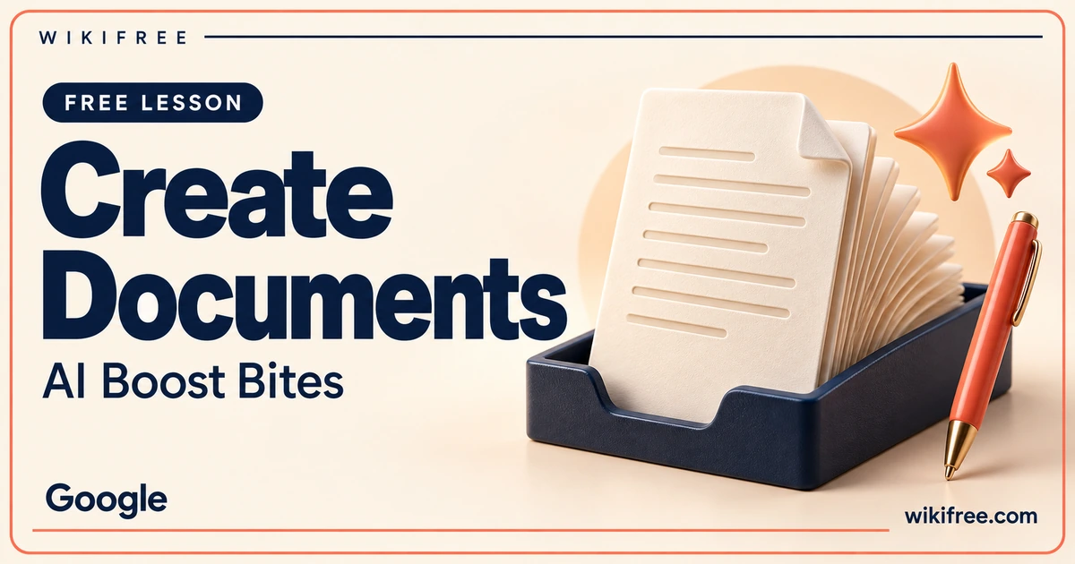 WikiFree Create Documents lesson cover with cream paper pages in a navy tray, coral pen and abstract sparkles.