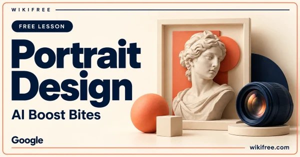 WikiFree Portrait Design lesson cover with a framed sculptural bust and camera-lens illustration.