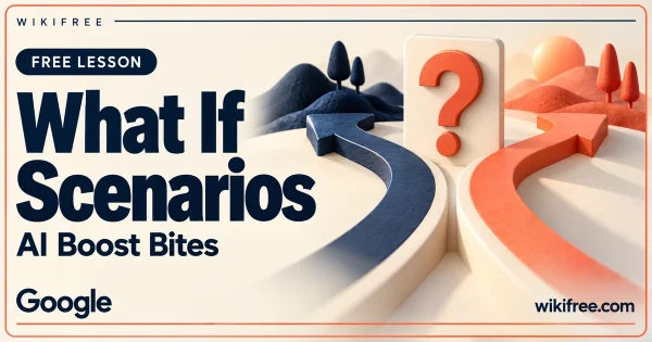 WikiFree What If Scenarios lesson cover with a question-mark card and diverging navy and coral paths.