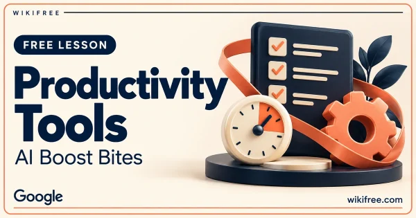 WikiFree Productivity Tools lesson cover with a checklist, clock dial and coral gear.