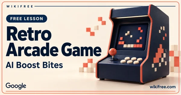 WikiFree Retro Arcade Game lesson cover with a navy tabletop arcade cabinet, coral joystick and abstract pixel blocks.
