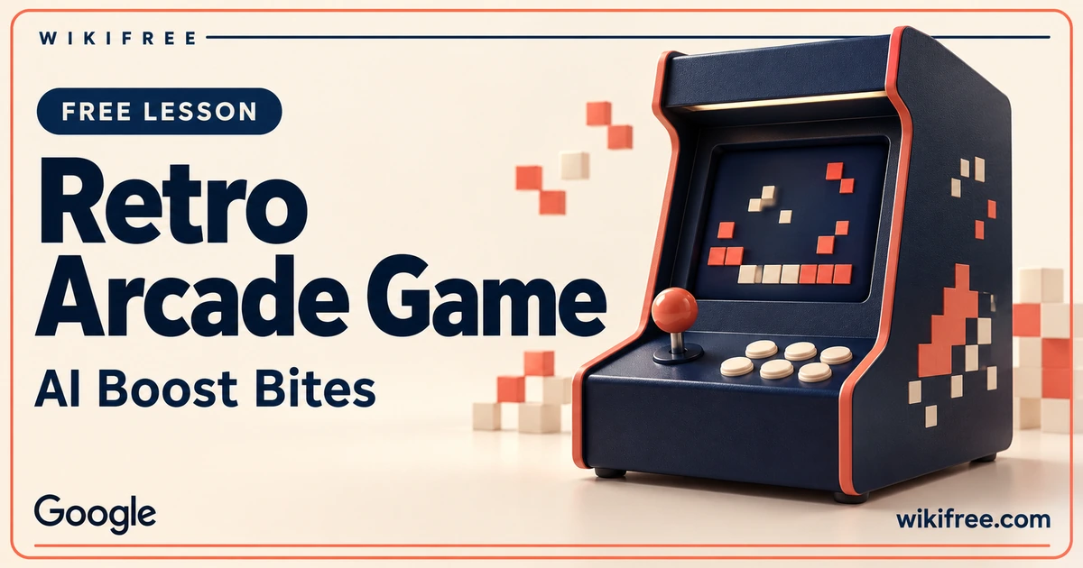 WikiFree Retro Arcade Game lesson cover with a navy tabletop arcade cabinet, coral joystick and abstract pixel blocks.