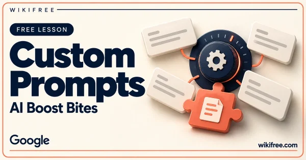 WikiFree Custom Prompts lesson cover with a navy settings dial, cream instruction cards and coral puzzle tile.