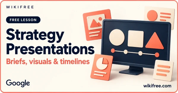 Strategy Presentations lesson cover with an illustrative slide frame, visual cards and unnumbered timeline.
