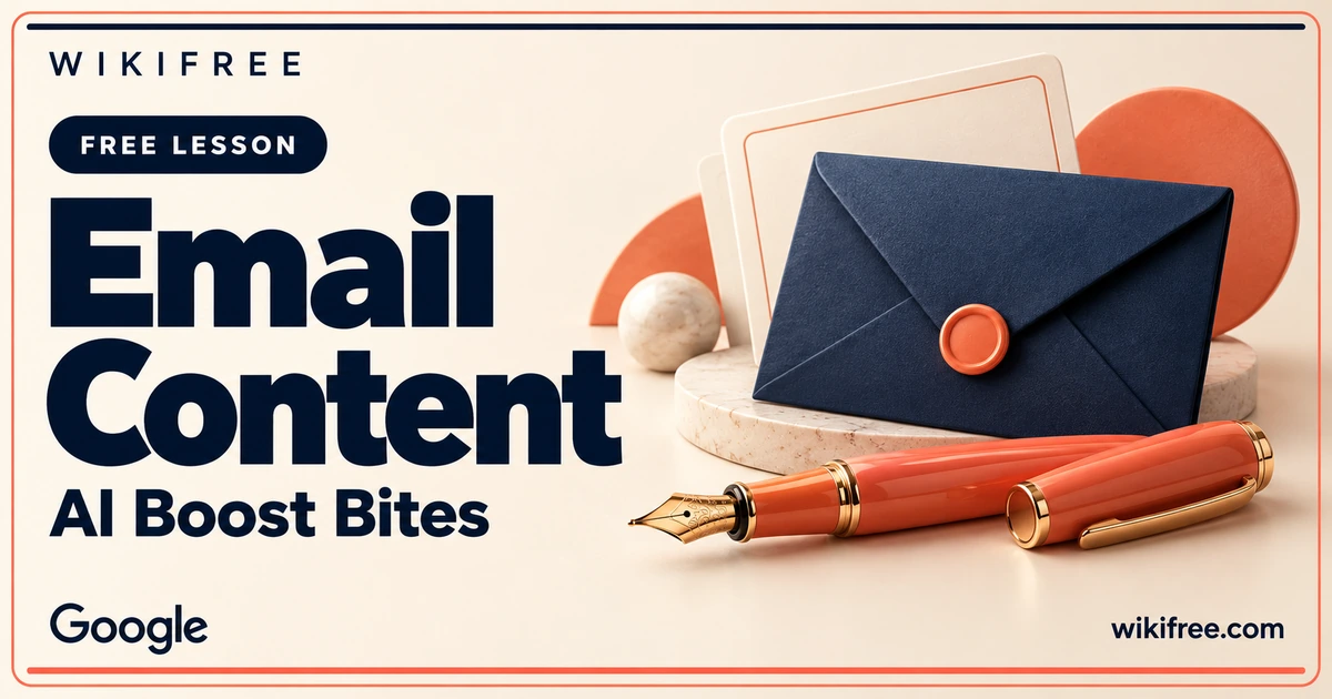 WikiFree Email Content lesson cover with a navy envelope, blank draft cards and coral fountain pen.