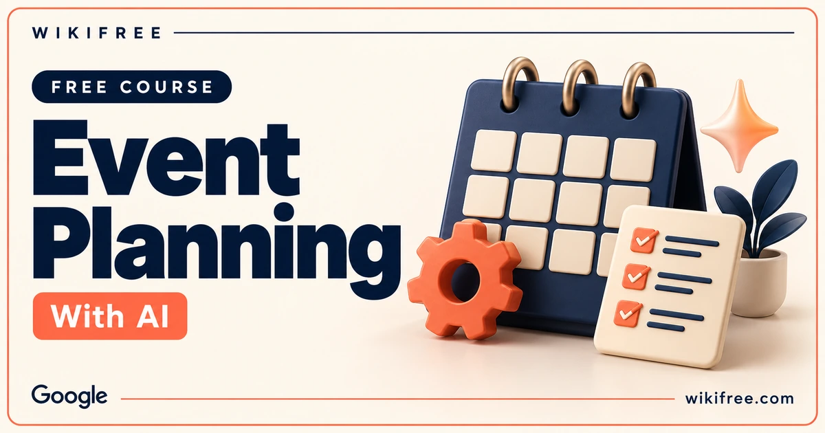 WikiFree Event Planning with AI course cover with a blank calendar, coral gear and checklist.