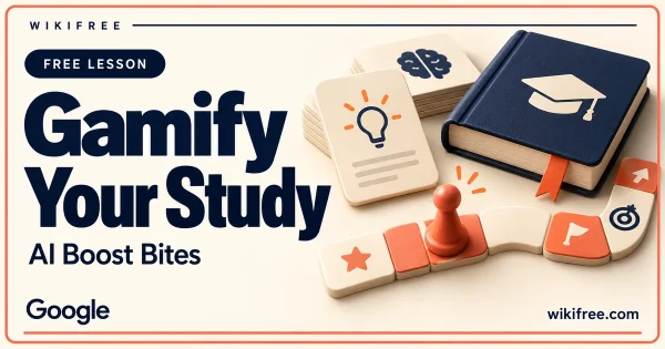 WikiFree Gamify Your Study lesson cover with study cards, a book, a coral game pawn and progress tiles.