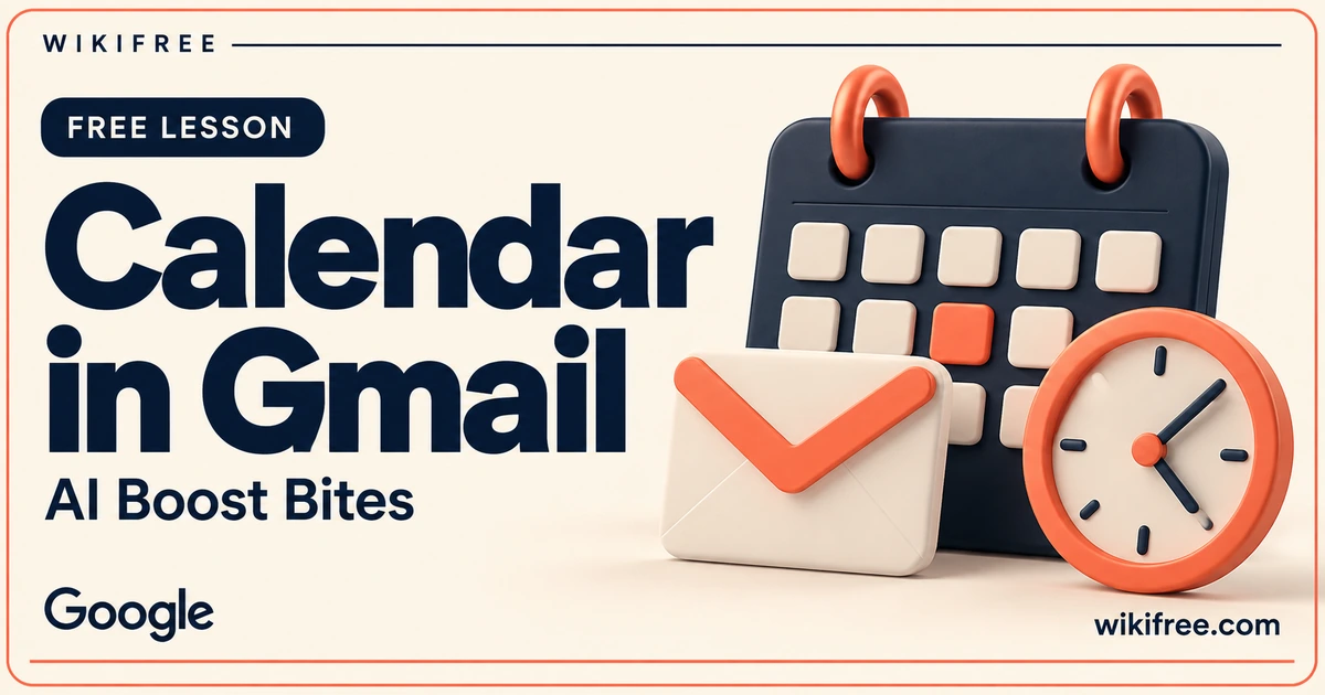 WikiFree Calendar in Gmail lesson cover with a calendar tile, envelope and clock.