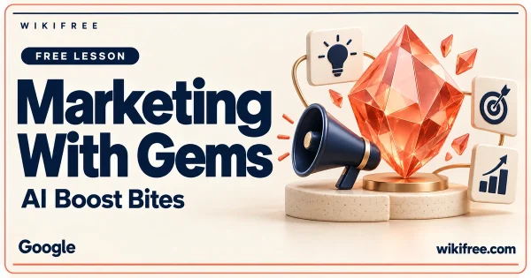 WikiFree Marketing With Gems lesson cover with a coral crystal, navy megaphone and symbolic marketing tiles.