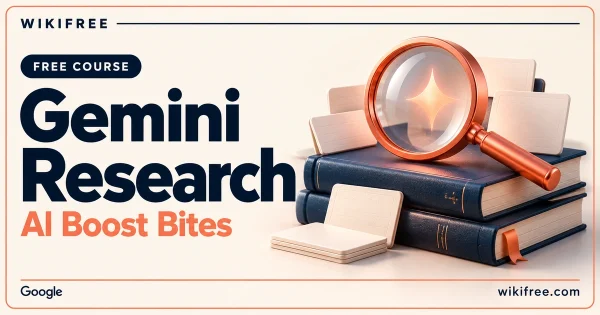 WikiFree Gemini Research course cover featuring navy books, blank research cards and a coral magnifying glass with an abstract sparkle.