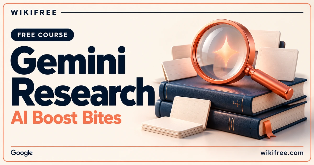WikiFree Gemini Research course cover featuring navy books, blank research cards and a coral magnifying glass with an abstract sparkle.
