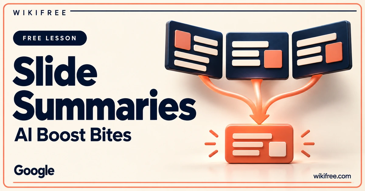 WikiFree Slide Summaries lesson cover with three navy presentation panels flowing into one coral summary tile.