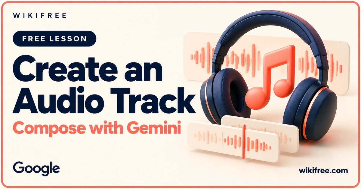 Create an Audio Track lesson cover with illustrative headphones, musical note and audio timeline cards.