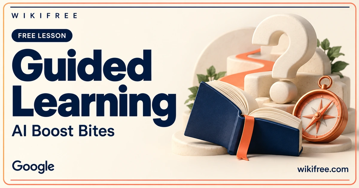 WikiFree Guided Learning lesson cover with an open navy book, cream question mark and coral compass.