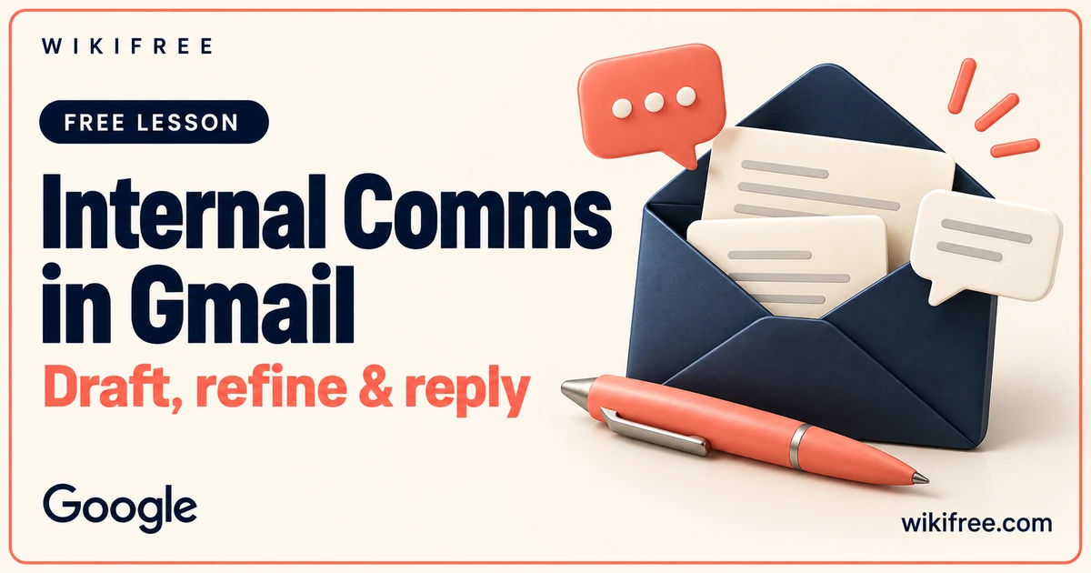 Internal Comms in Gmail lesson cover with an illustrative email envelope, announcement cards and editing pen.