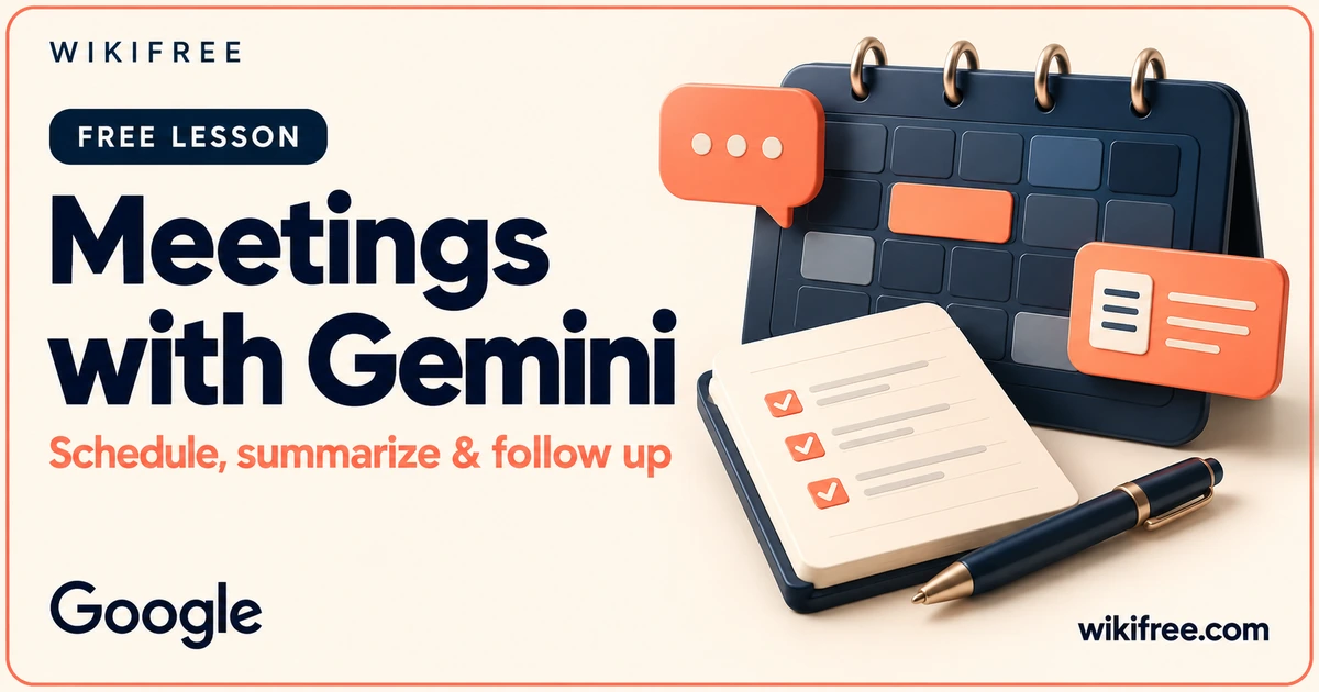 Meetings with Gemini lesson cover with illustrative calendar, notes and follow-up action cards.