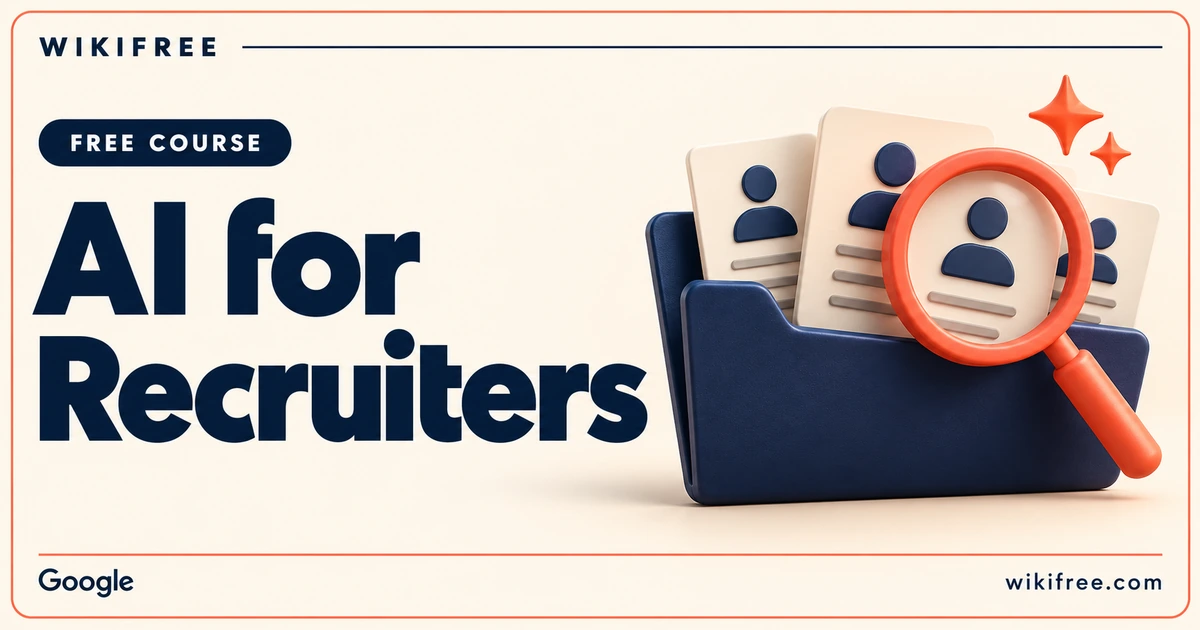 WikiFree AI for Recruiters course cover with a navy folder, abstract profile cards and coral magnifying glass.