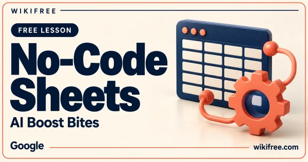 WikiFree No-Code Sheets lesson cover with a blank spreadsheet board, coral gear and automation loop.