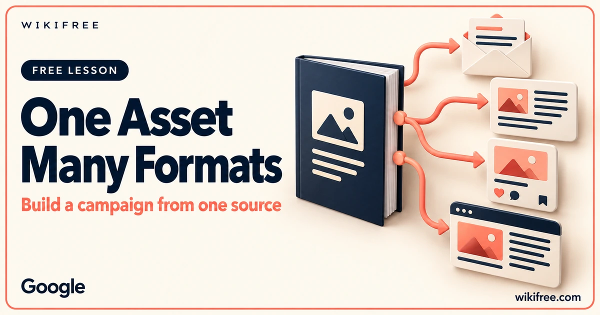 One Asset Many Formats lesson cover with an illustrative whitepaper branching to campaign content cards.