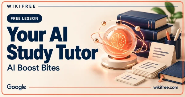 WikiFree Your AI Study Tutor lesson cover with a glowing coral AI sphere, navy books and cream study cards.
