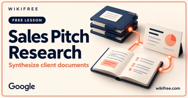 Sales Pitch Research lesson cover with illustrative client documents, a notebook and presentation card.