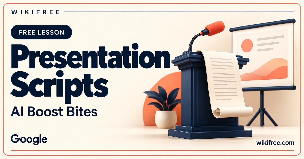 WikiFree Presentation Scripts lesson cover with a navy lectern, cream script roll, coral microphone and abstract presentation screen.
