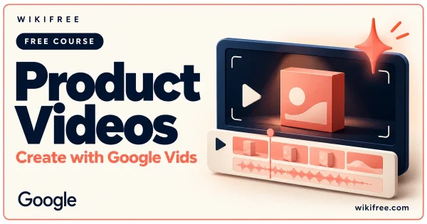 Product Videos with Google Vids course cover with an illustrative editing frame, product box and timeline.
