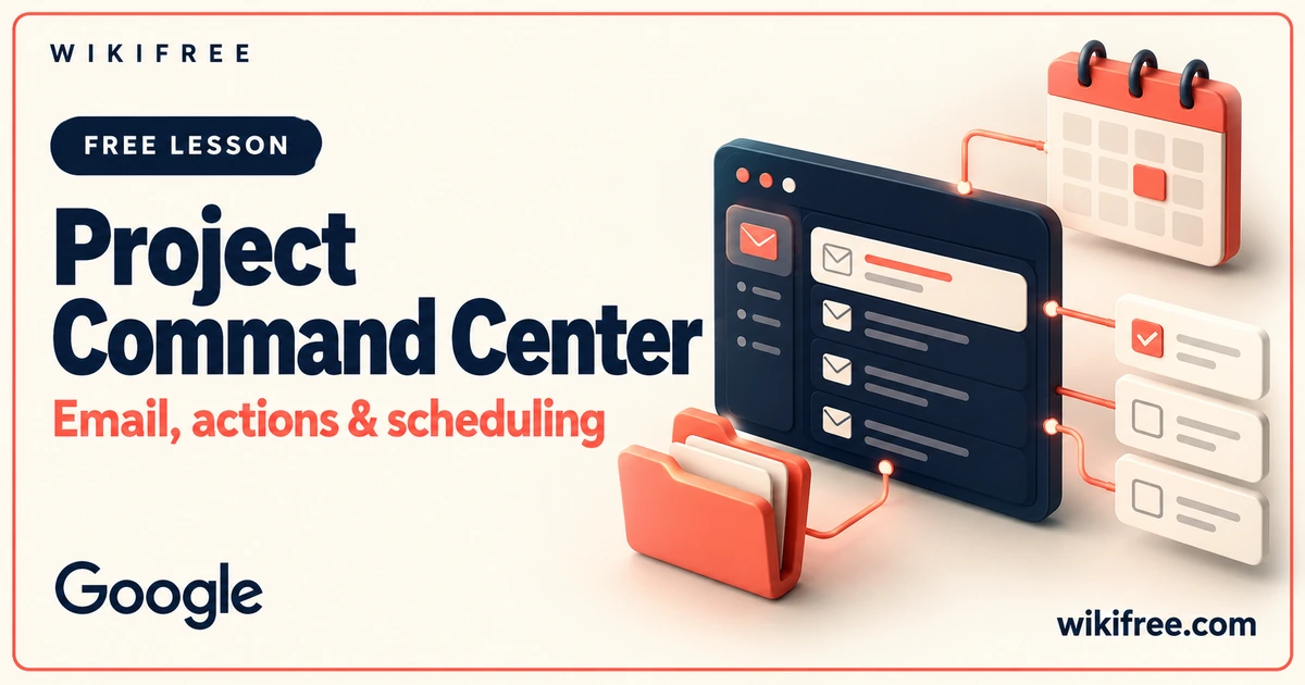 Project Command Center lesson cover with an illustrative email console, action cards and calendar.