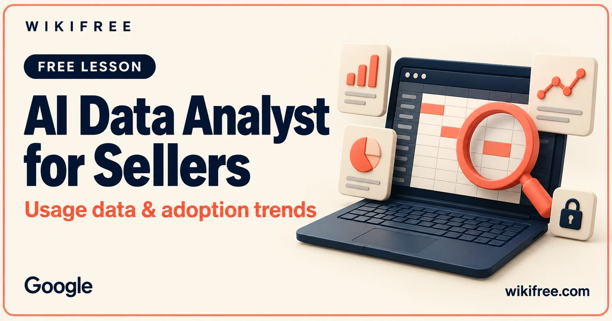AI Data Analyst for Sellers lesson cover with an illustrative spreadsheet console, magnifier and data tiles.