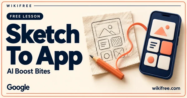 WikiFree Sketch To App lesson cover with a cream paper sketch, coral pencil and navy phone showing abstract app tiles.