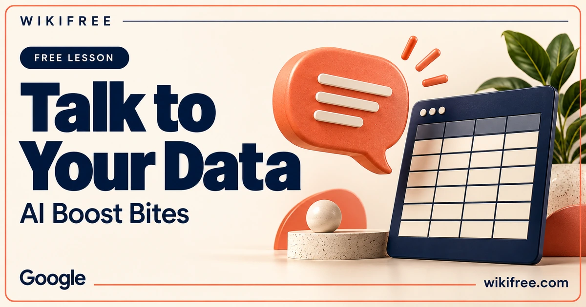 WikiFree Talk to Your Data lesson cover with a coral speech bubble beside a blank navy spreadsheet board.