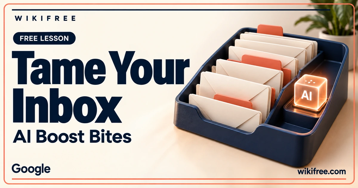 WikiFree Tame Your Inbox lesson cover with a navy tray of envelopes, coral dividers and illuminated AI cube.